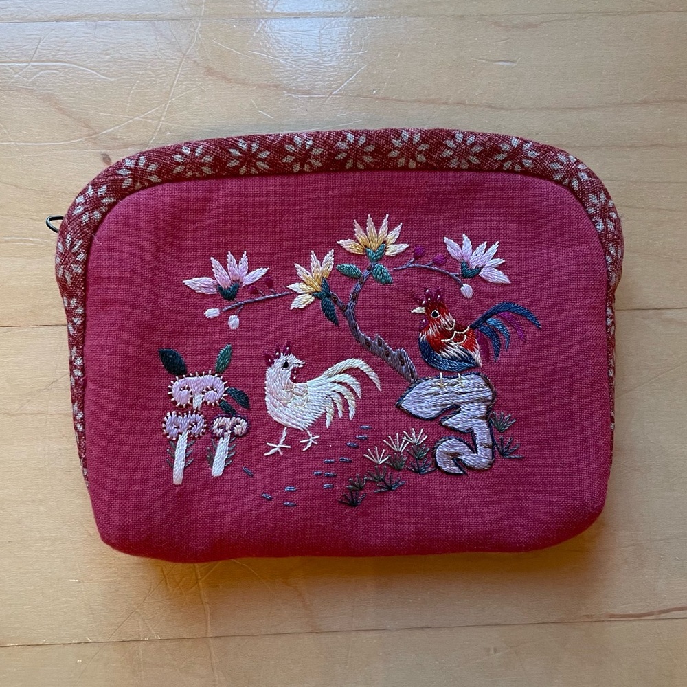 Chicken and Mushroom Bag; Red Embroidered Coin Purse with Zip; NWOT; Artisan - Picture 1 of 5